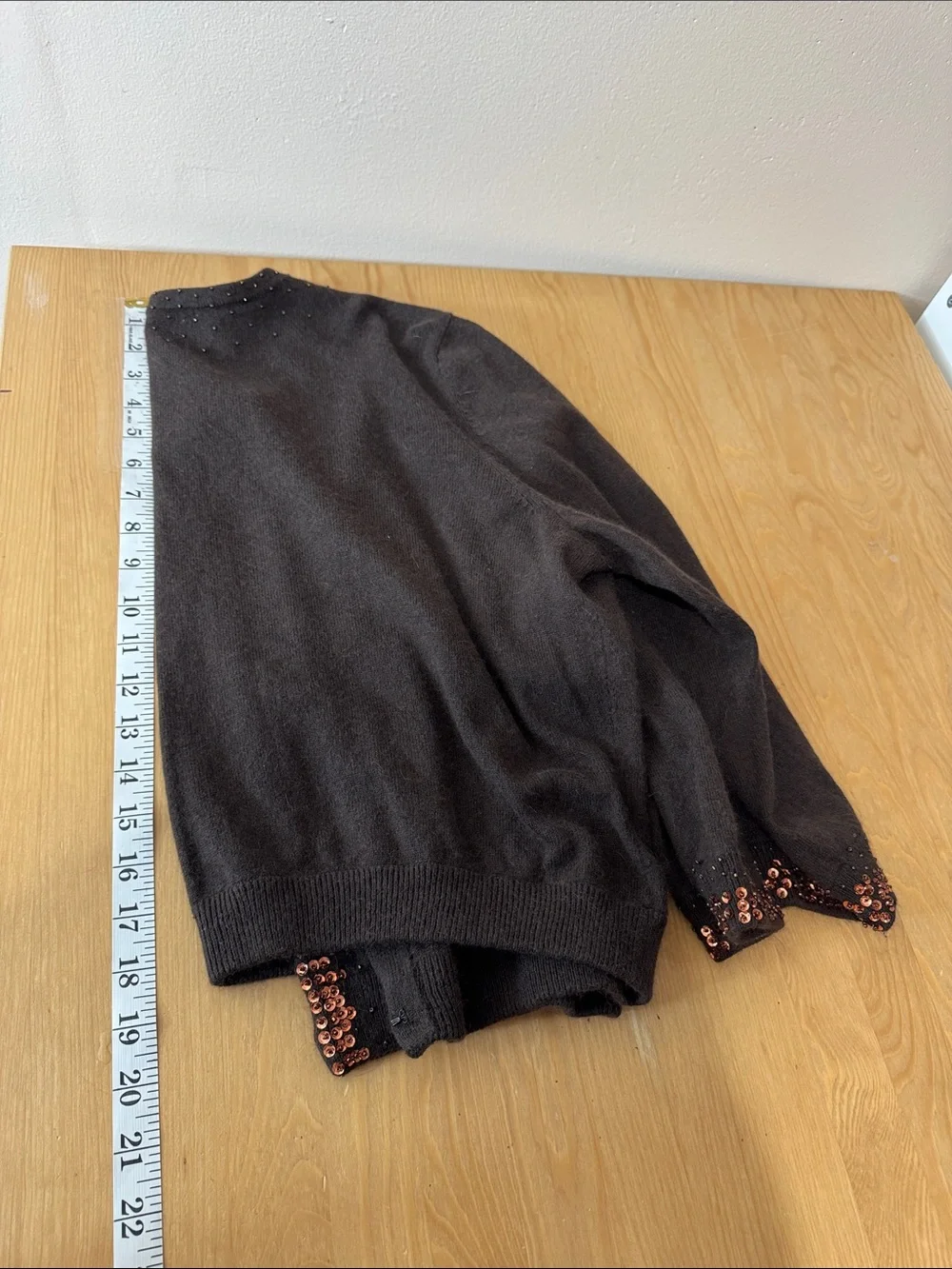VTG Maggy London Chocolate Brown Cardigan Knit Beaded Trim Angora Silk Classic